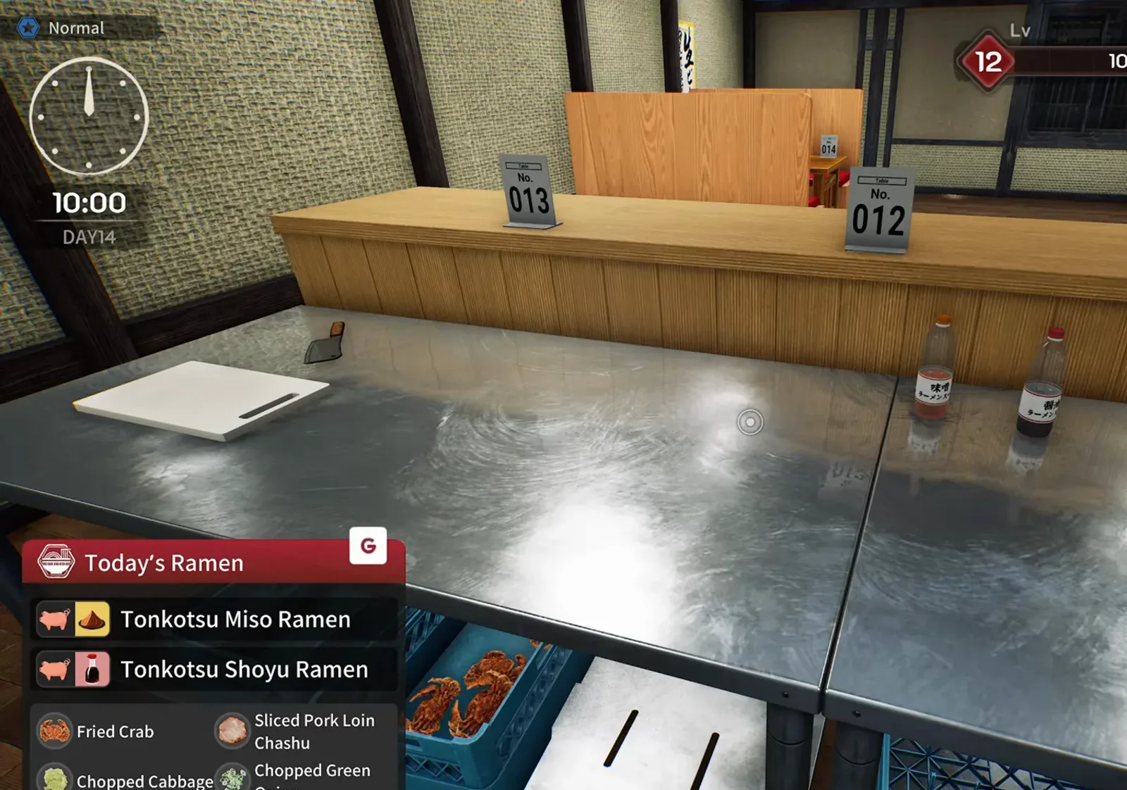 Japanese Ramen Simulator Today’s Ramen panel at 10:00 on day 14 listing tonkotsu miso and tonkotsu shoyu with prep rows for fried crab, sliced pork loin chashu, chopped cabbage and chopped green onion beside an empty white cutting board Japanese Ramen Simulator Today’s Ramen panel at 10:00 on day 14 listing tonkotsu miso and tonkotsu shoyu with prep rows for fried crab, sliced pork loin chashu, chopped cabbage and chopped green onion beside an empty white cutting board