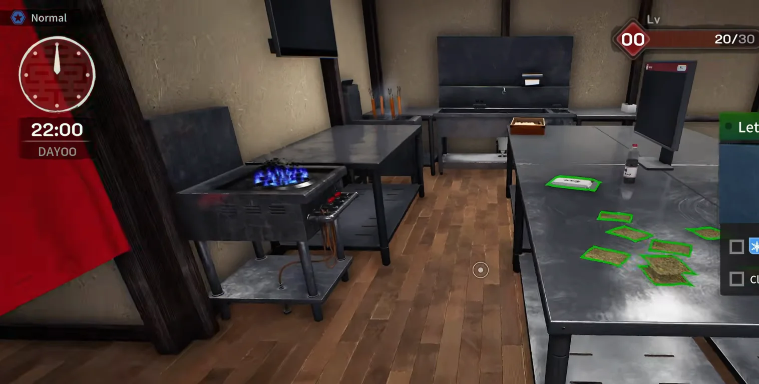 Japanese Ramen Simulator stainless prep counter at 22:00 on day zero covered with green-outlined vacuum ingredient packs beside a monitor and condiment bottle
