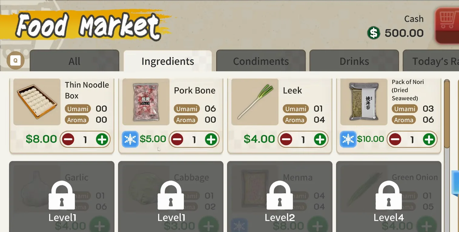 Japanese Ramen Simulator Food Market terminal on day zero with Thin Noodle Box, Pork Bone, Shoyu Tare, Leek and Nori in the cart and blue snowflake icons on chilled packs