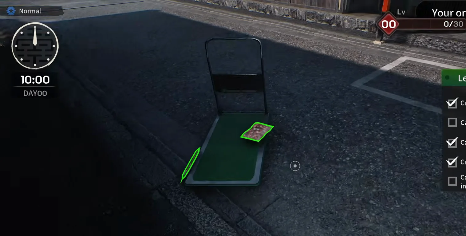 Japanese Ramen Simulator day-zero street pad at 10:00 with a green flatbed handcart on the asphalt and one vacuum-packed ingredient outlined in green beside the shop curb