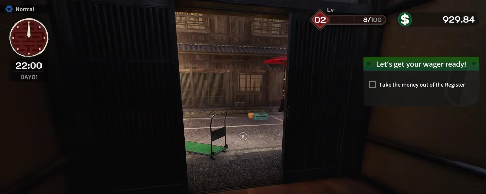 Japanese Ramen Simulator shop doorway at 22:00 on day one looking out to a stone street with an empty green handcart on the pad and orange and teal delivery crates farther down the alley