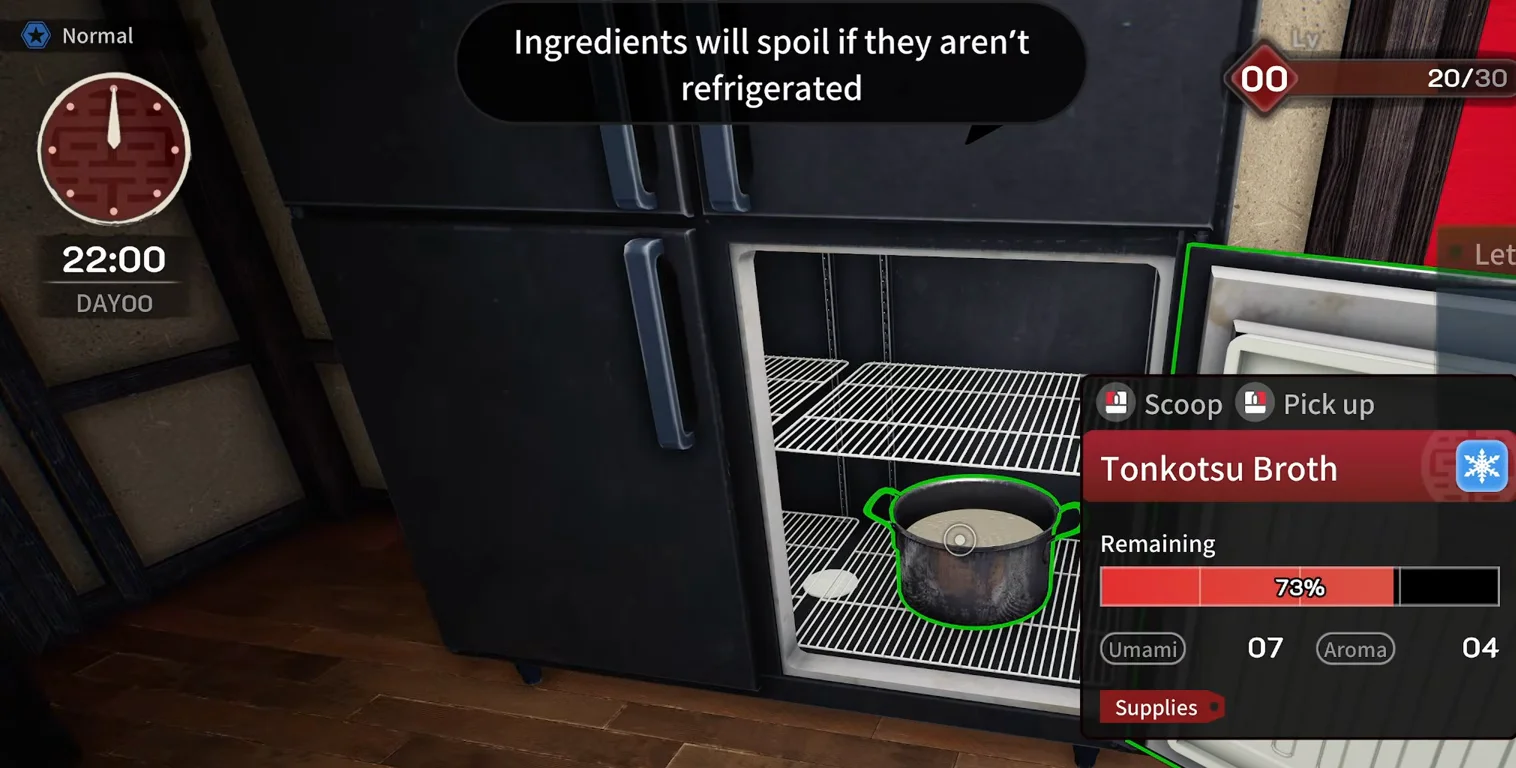 Japanese Ramen Simulator open fridge at 22:00 on day zero with a Tonkotsu Broth pot on the wire shelf, snowflake badge on the inspect card, and the banner Ingredients will spoil if they aren’t refrigerated