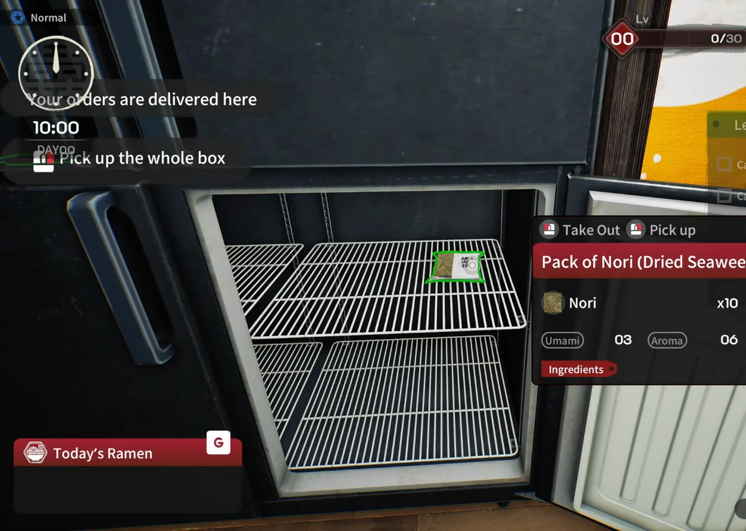 Japanese Ramen Simulator open two-door fridge with a Pack of Nori ingredient card showing the snowflake keep-chilled badge and Take Out prompt during day-zero stocking