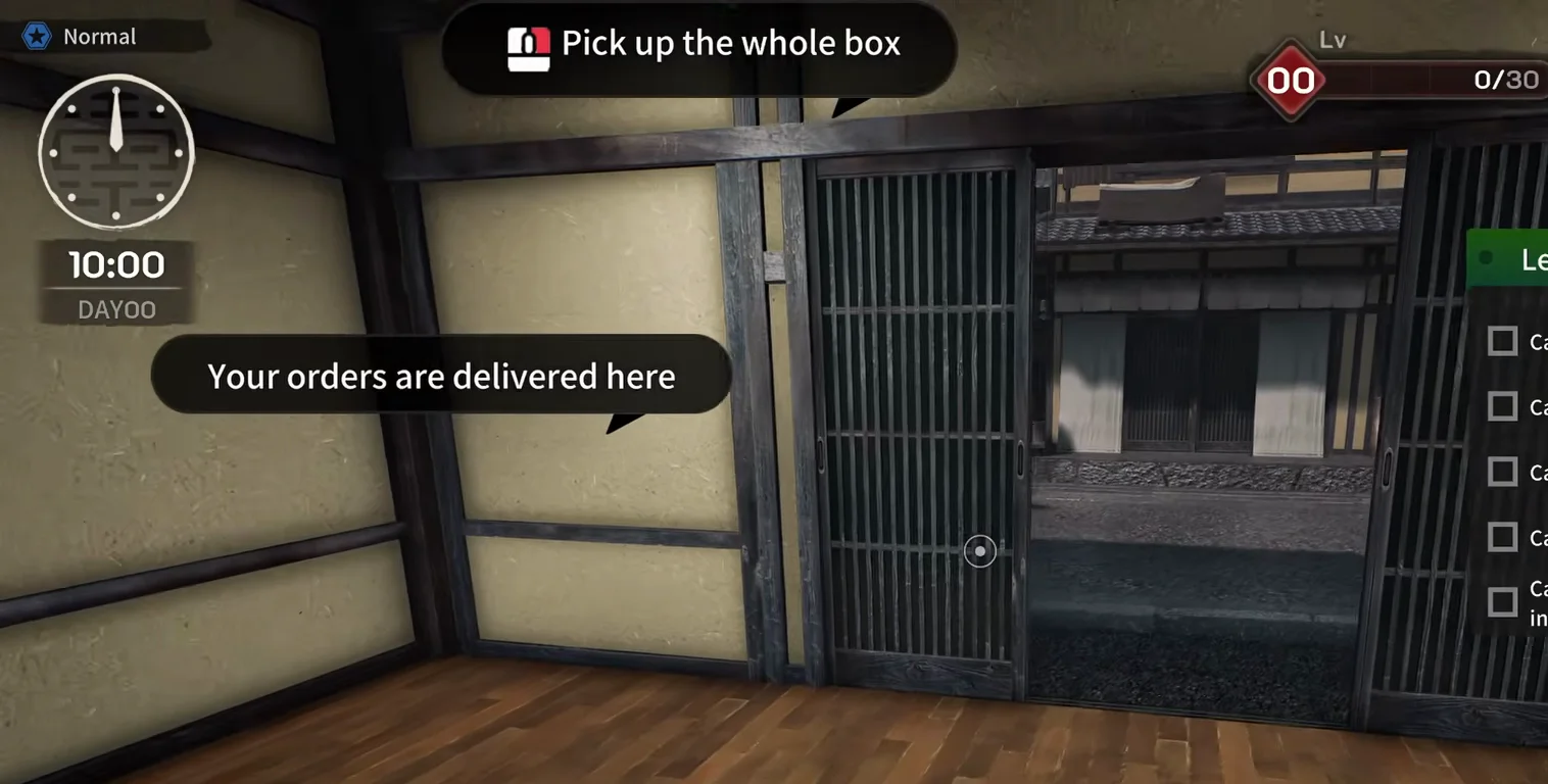 Japanese Ramen Simulator day-zero tutorial at 10:00 inside the shop doorway with the banners Pick up the whole box and Your orders are delivered here pointing at the open street entrance