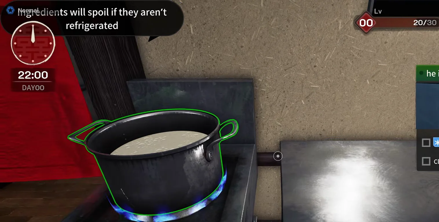 Japanese Ramen Simulator kitchen at 22:00 on day zero with a green-outlined broth pot on the gas stove and the tutorial banner Ingredients will spoil if they aren’t refrigerated