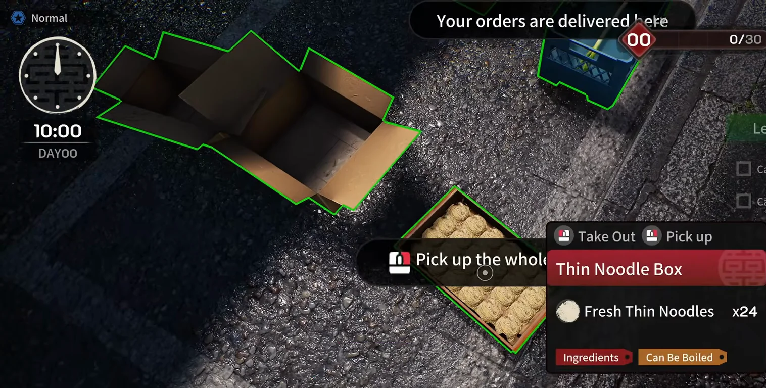 Japanese Ramen Simulator day-zero street delivery at 10:00 with an open empty kraft box, a Thin Noodle Box crate of fresh noodles, and a blue plastic crate on the asphalt marked Your orders are delivered here