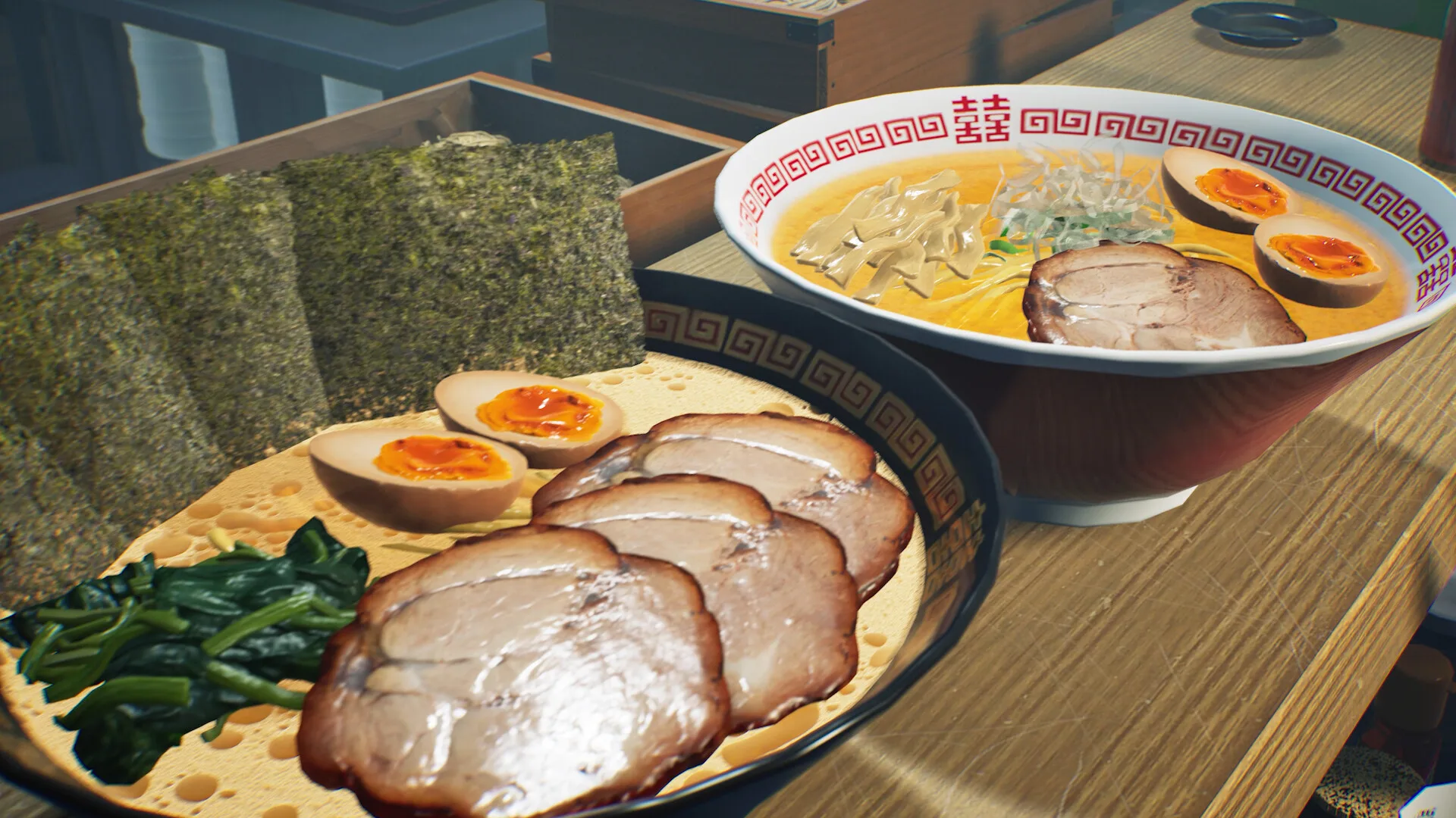 Official Japanese Ramen Simulator Steam store screenshot (ramen bowls, not rice bowls): close-up of two bowls loaded with rolled chashu slices, soft-boiled ajitama halves, greens and large nori sheets — the ramen toppings that the store copy says rice bowls are also topped with