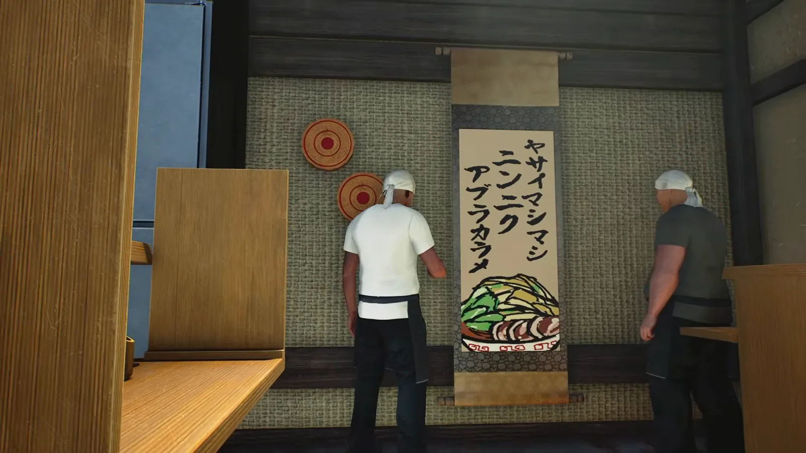 Japanese Ramen Simulator staff hang a finished custom noren on the dining room wall, its hand-drawn ramen bowl and vertical lettering matching the design just saved in the editor