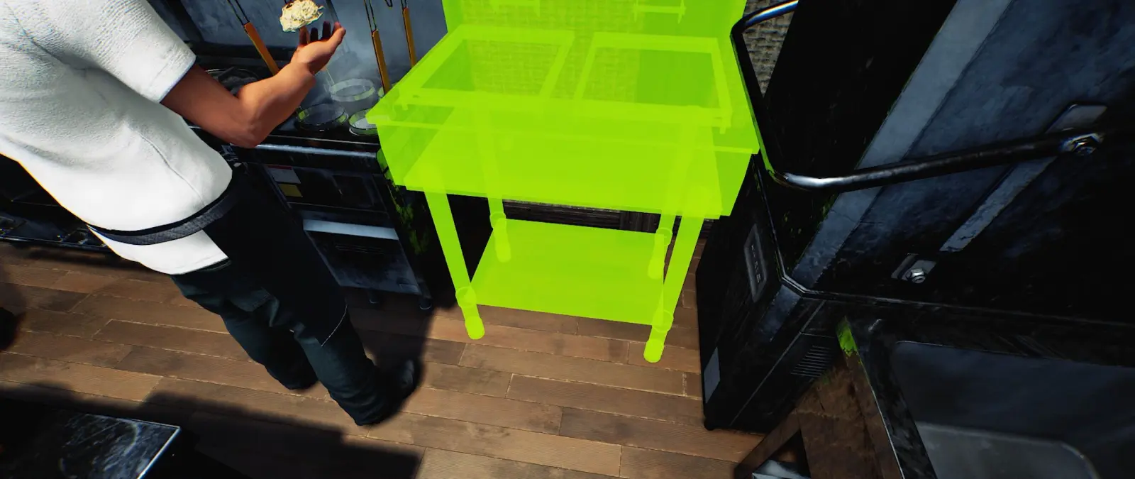 A bright green placement highlight covers a stainless prep table while a Japanese Ramen Simulator chef carries it into a new spot beside the refrigerator
