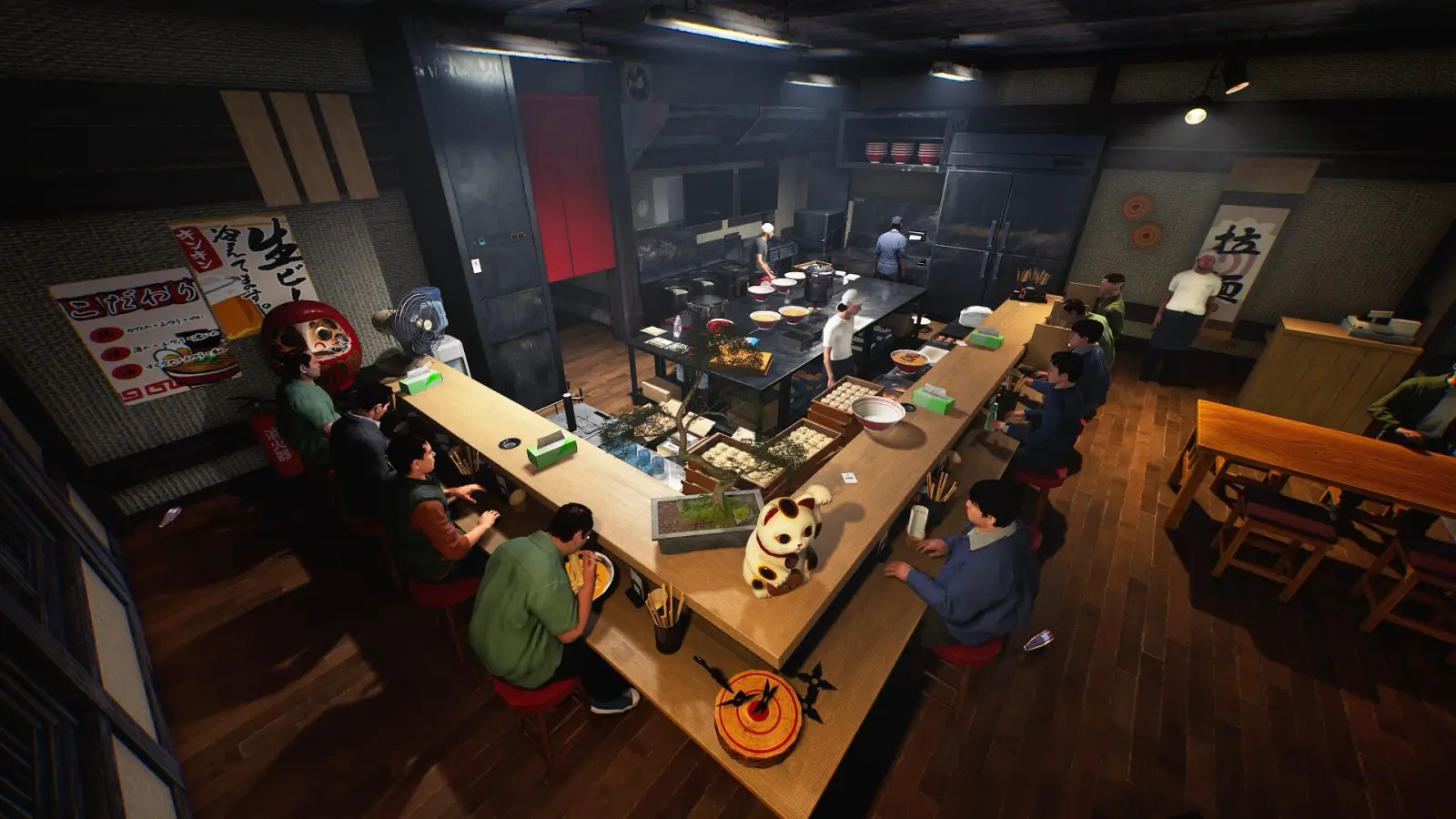 Before opening, a Japanese Ramen Simulator owner can walk the full dining hall past the menu wall, hanging banners and every counter stool to check the finished shop layout