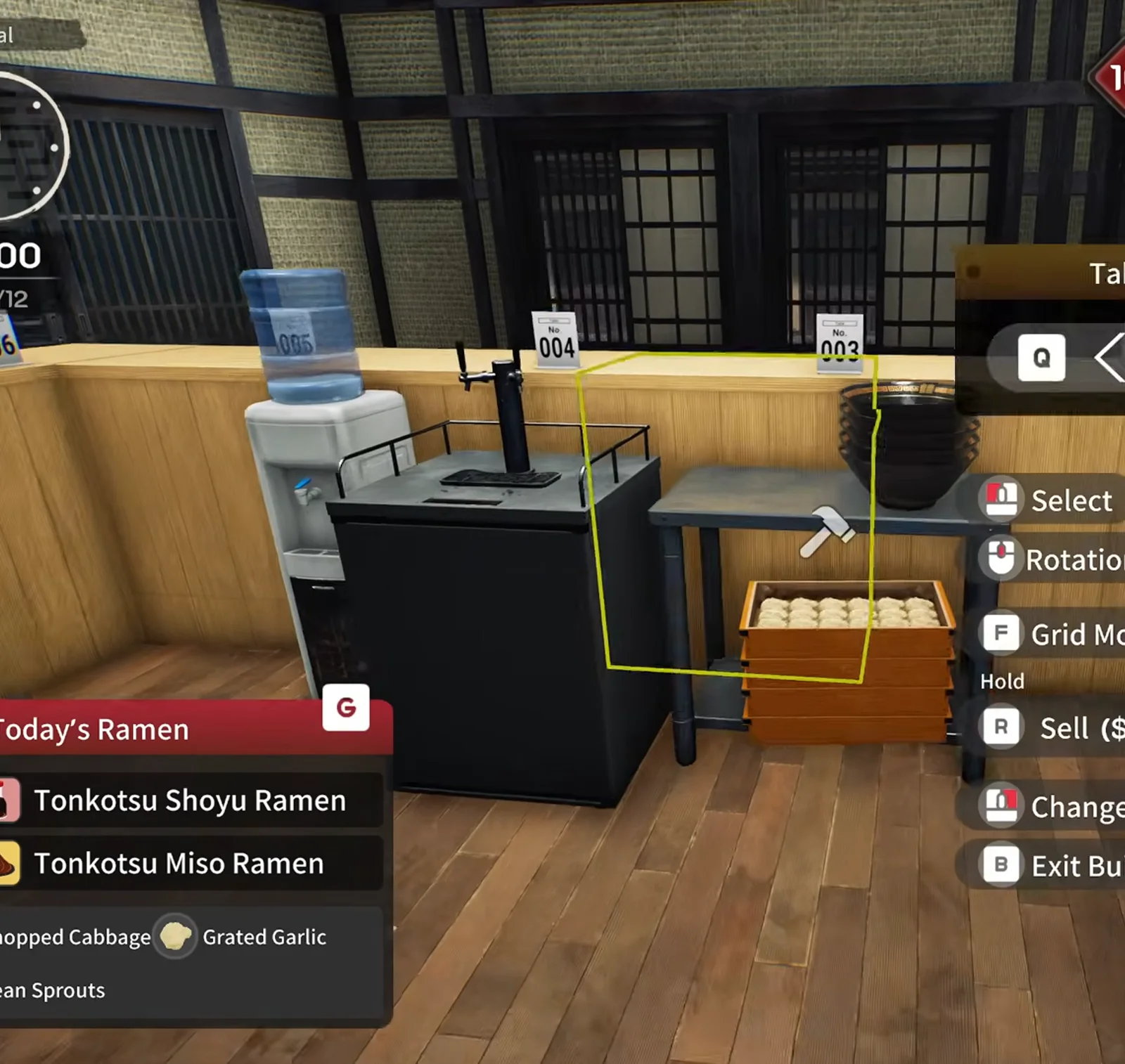 Japanese Ramen Simulator build mode hammer cursor with a yellow placement outline beside a water dispenser, a black counter unit and a wooden crate, with Select, Rotation, Grid Mode and Sell prompts Japanese Ramen Simulator build mode hammer cursor with a yellow placement outline beside a water dispenser, a black counter unit and a wooden crate, with Select, Rotation, Grid Mode and Sell prompts