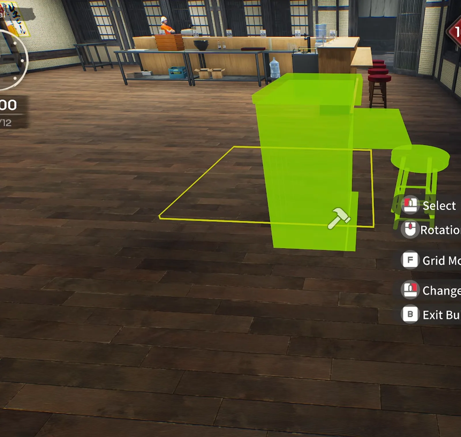 Japanese Ramen Simulator build mode green placement ghost of a counter block with a bar stool and a yellow outline on the dark wood floor of the expanded hall Japanese Ramen Simulator build mode green placement ghost of a counter block with a bar stool and a yellow outline on the dark wood floor of the expanded hall