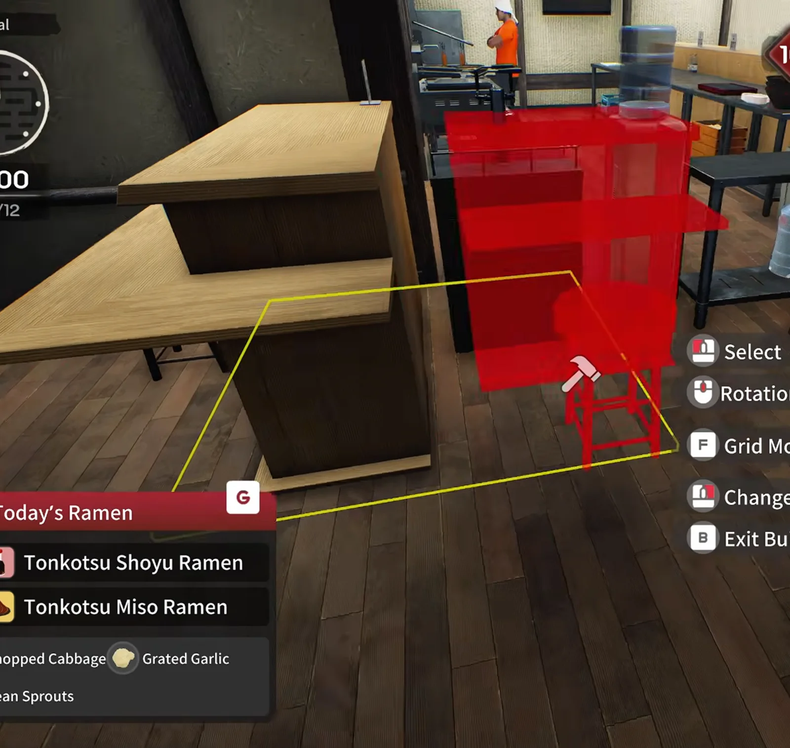 Japanese Ramen Simulator build mode red placement ghost of a steel rack overlapping a wooden L-shaped counter with a water jug on top and a staff member in the background Japanese Ramen Simulator build mode red placement ghost of a steel rack overlapping a wooden L-shaped counter with a water jug on top and a staff member in the background