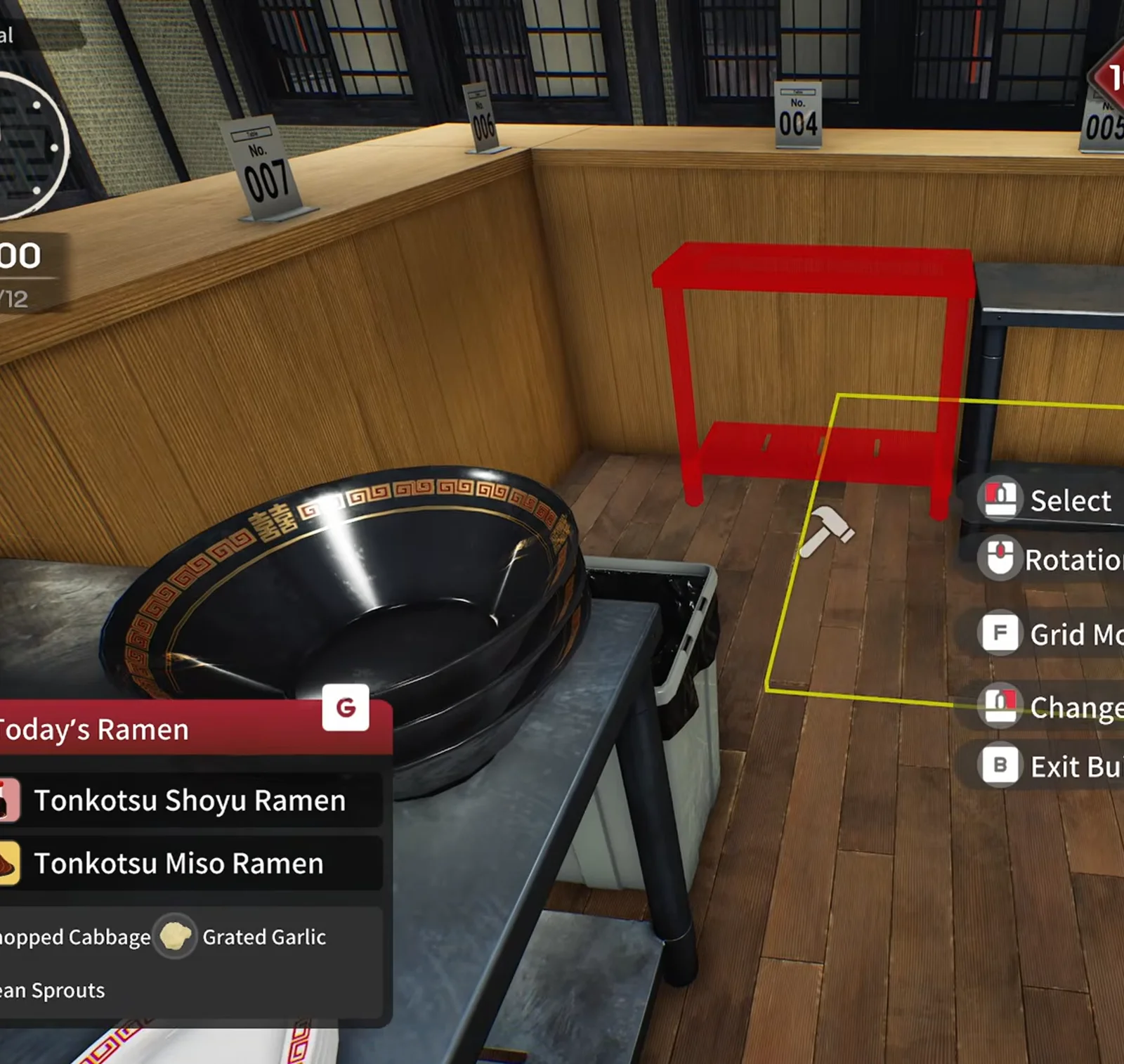 Japanese Ramen Simulator build mode red placement ghost of a small steel shelf beside the wooden counter with a large black pot on a prep table and seat tags seven and four Japanese Ramen Simulator build mode red placement ghost of a small steel shelf beside the wooden counter with a large black pot on a prep table and seat tags seven and four