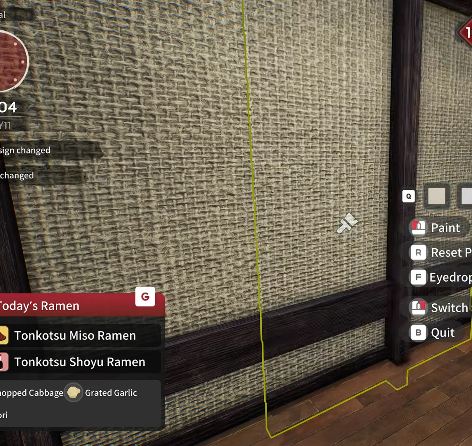 Japanese Ramen Simulator build mode paint tool targeting a tatami-textured wall panel with Paint, Reset Paint and Eyedrop controls at level ten Japanese Ramen Simulator build mode paint tool targeting a tatami-textured wall panel with Paint, Reset Paint and Eyedrop controls at level ten