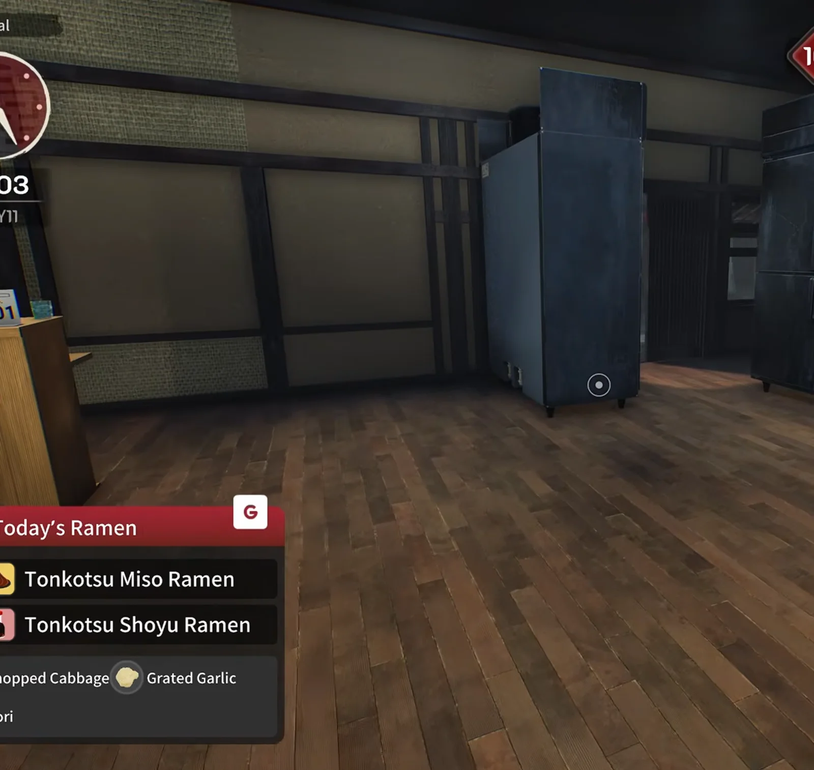 Japanese Ramen Simulator dark empty wood-floor room with a single tall dark-blue cabinet standing against the back wall of the expanded hall in the preview run Japanese Ramen Simulator dark empty wood-floor room with a single tall dark-blue cabinet standing against the back wall of the expanded hall in the preview run