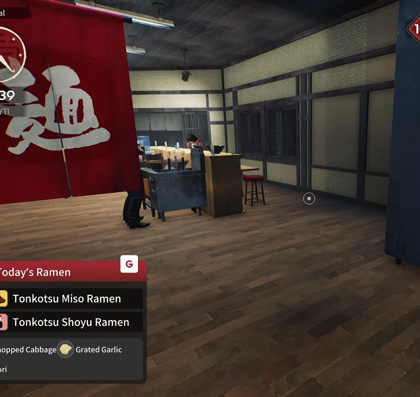 Japanese Ramen Simulator red noren curtain with the noodles kanji hanging inside the expanded dining hall during Max V2 preview service Japanese Ramen Simulator red noren curtain with the noodles kanji hanging inside the expanded dining hall during Max V2 preview service