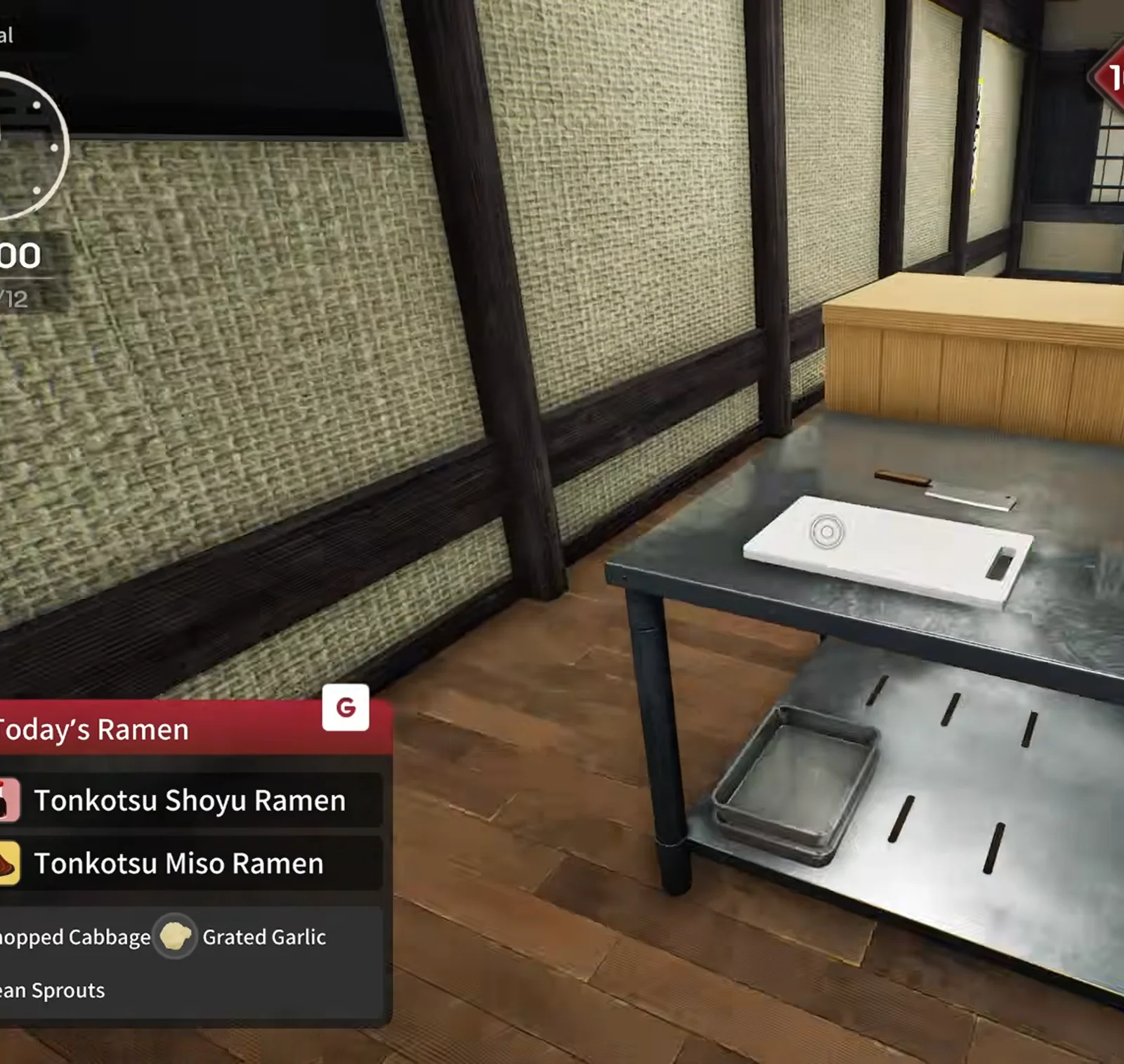 Japanese Ramen Simulator stainless prep table with a white cutting board and knife staged along the rebuilt back kitchen line at level ten in preview Japanese Ramen Simulator stainless prep table with a white cutting board and knife staged along the rebuilt back kitchen line at level ten in preview