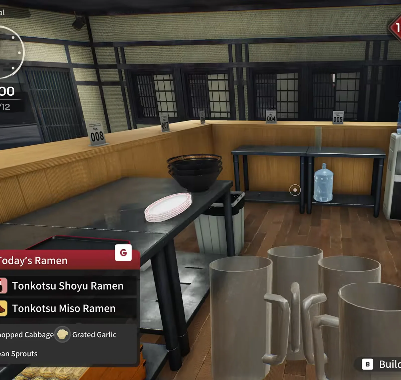 Japanese Ramen Simulator steel prep table with a bowl and plate, large grey beer mugs in the foreground and a blue water jug on the back counter in the expanded kitchen Japanese Ramen Simulator steel prep table with a bowl and plate, large grey beer mugs in the foreground and a blue water jug on the back counter in the expanded kitchen