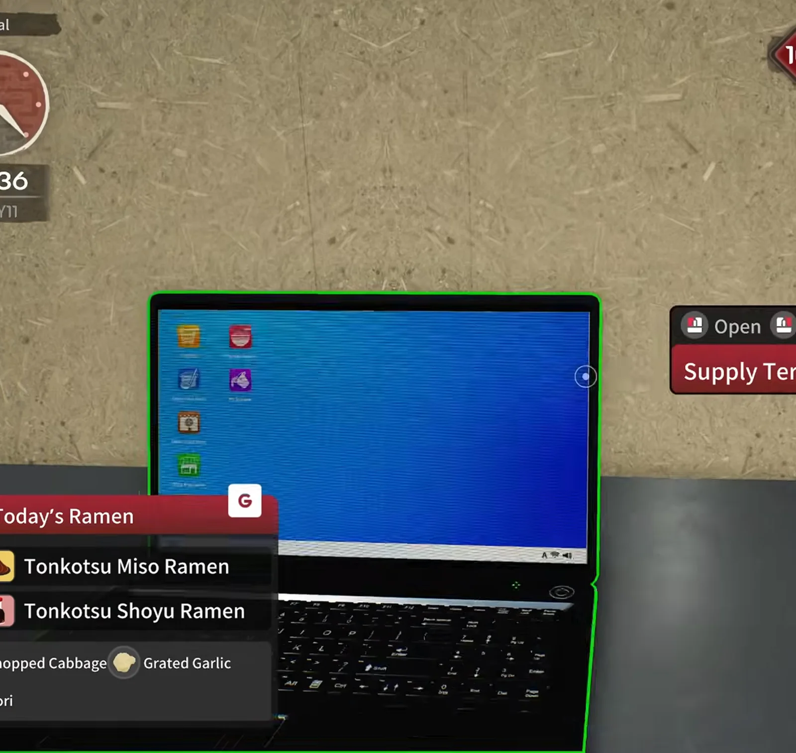 Japanese Ramen Simulator Supply Terminal laptop highlighted in green on the counter desktop before confirming the first shop expansion in preview footage Japanese Ramen Simulator Supply Terminal laptop highlighted in green on the counter desktop before confirming the first shop expansion in preview footage