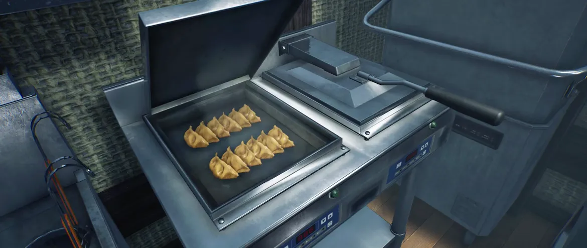 Japanese Ramen Simulator ten gyoza lined up on an open teppan griddle with steam rising in the official store gameplay clip Japanese Ramen Simulator ten gyoza lined up on an open teppan griddle with steam rising in the official store gameplay clip