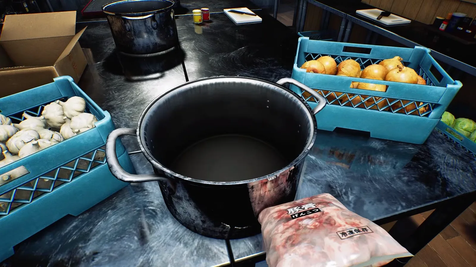 Japanese Ramen Simulator prep counter with a black stockpot half filled with water sitting between blue crates of garlic bulbs and yellow onions, while the player holds a frozen pack of pork femur bones labelled 豚骨 げんこつ Japanese Ramen Simulator prep counter with a black stockpot half filled with water sitting between blue crates of garlic bulbs and yellow onions, while the player holds a frozen pack of pork femur bones labelled 豚骨 げんこつ