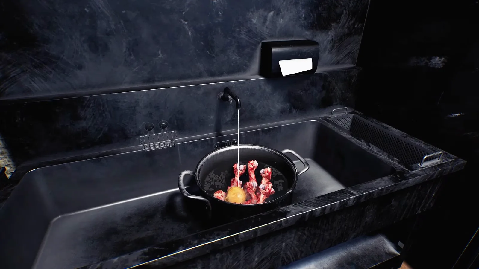 A stockpot of soup bones rinsing under running water in the Japanese Ramen Simulator prep sink, the bone-washing step a solo player starts first A stockpot of soup bones rinsing under running water in the Japanese Ramen Simulator prep sink, the bone-washing step a solo player starts first