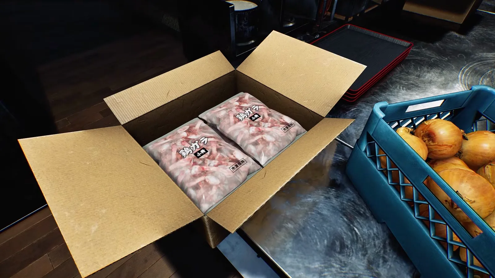 Open cardboard box in Japanese Ramen Simulator at 0:10 holding two vacuum packs of frozen chicken bones stamped 鶏ガラ 小骨 冷凍保存, with a blue crate of yellow onions sitting right next to it Open cardboard box in Japanese Ramen Simulator at 0:10 holding two vacuum packs of frozen chicken bones stamped 鶏ガラ 小骨 冷凍保存, with a blue crate of yellow onions sitting right next to it