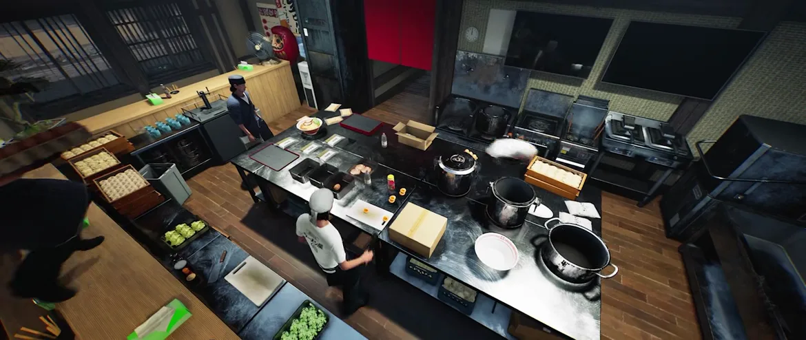 Overhead view of a Japanese Ramen Simulator kitchen with three uniformed staff at separate posts — white shirt and cap at the central island, navy apron at the left counter, black shirt at the far edge Overhead view of a Japanese Ramen Simulator kitchen with three uniformed staff at separate posts — white shirt and cap at the central island, navy apron at the left counter, black shirt at the far edge