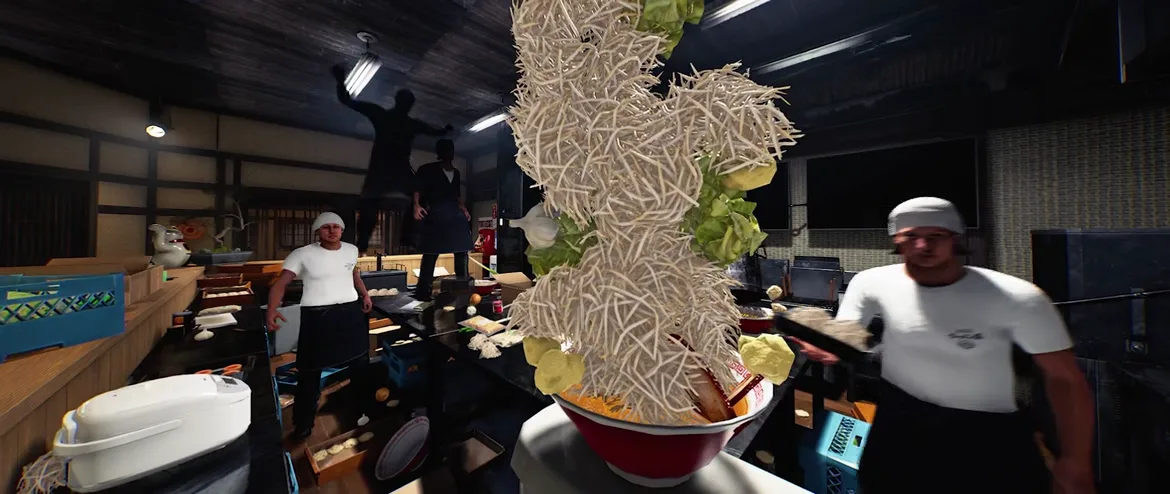 Japanese Ramen Simulator physics moment with a red bowl erupting a tall tower of loose dry noodles, cabbage leaves and a garlic bulb to the ceiling as uniformed staff react around the counter Japanese Ramen Simulator physics moment with a red bowl erupting a tall tower of loose dry noodles, cabbage leaves and a garlic bulb to the ceiling as uniformed staff react around the counter