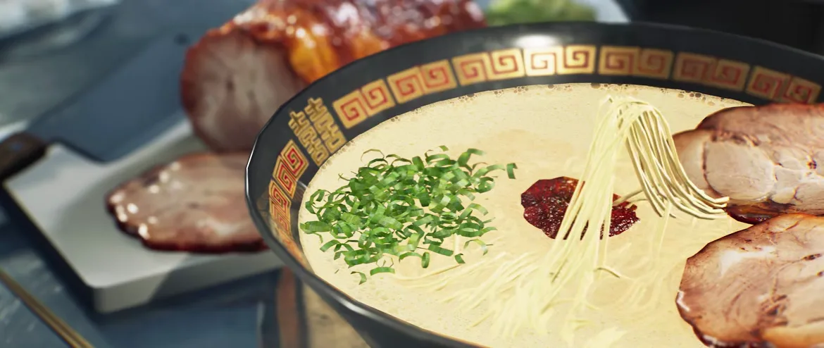 Close-up of a finished Japanese Ramen Simulator tonkotsu bowl in a black gold-and-red greek-key bowl with scallions, a red chilli-paste mound, draped noodles and chashu slices, the roast behind Close-up of a finished Japanese Ramen Simulator tonkotsu bowl in a black gold-and-red greek-key bowl with scallions, a red chilli-paste mound, draped noodles and chashu slices, the roast behind