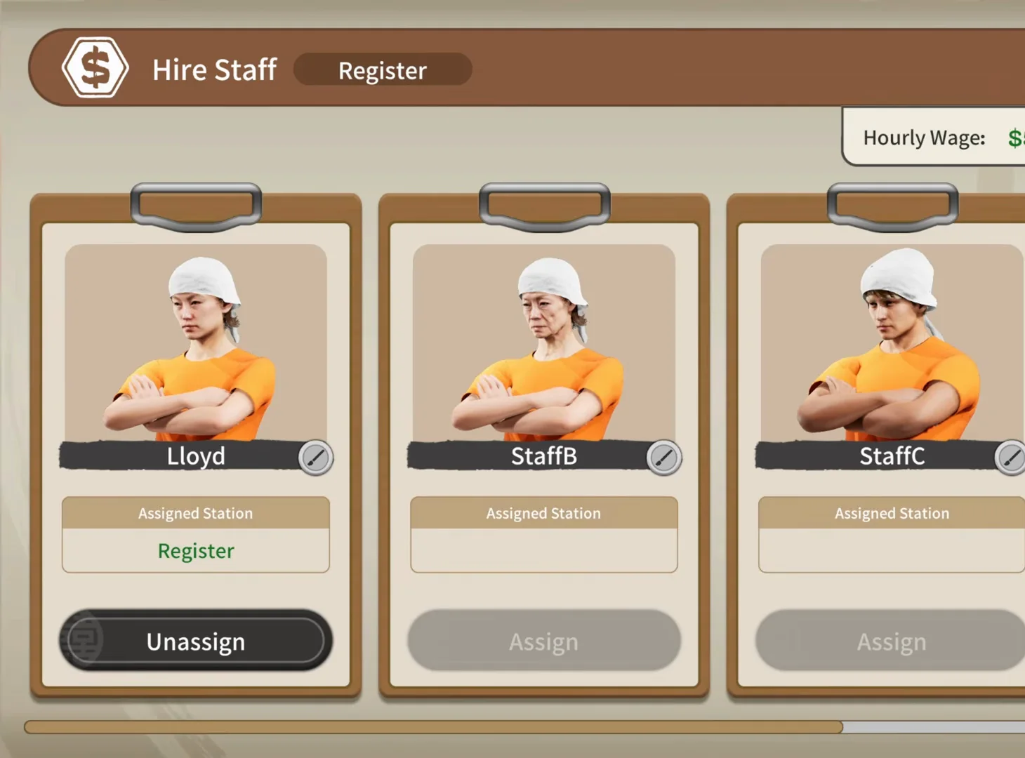 Japanese Ramen Simulator Hire Staff first clipboard labeled Lloyd with pencil icon, Assigned Station Register in green text, and a dark Unassign button; StaffB and StaffC show empty stations with grey Assign buttons