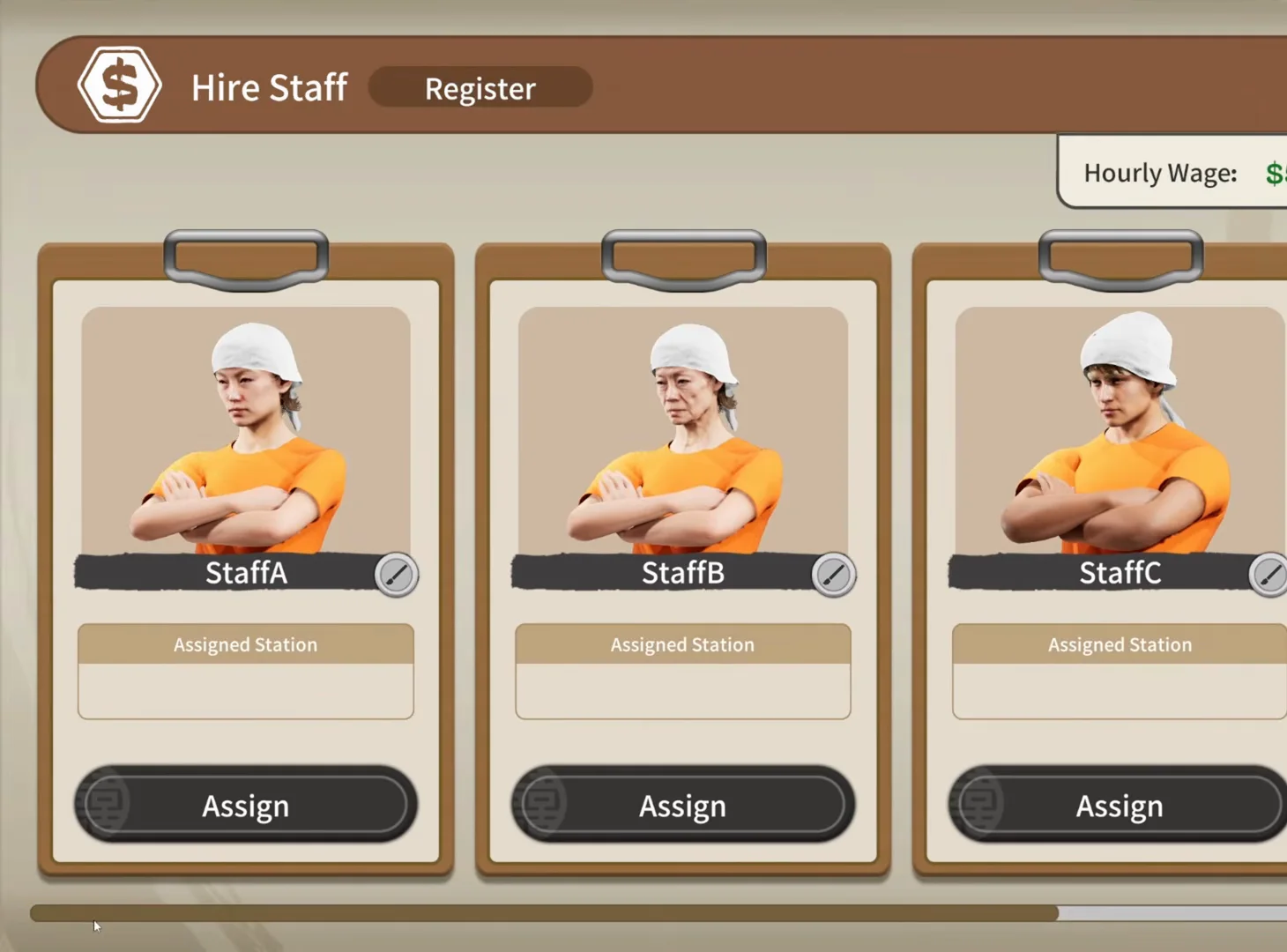 Staff Settings: Register, $5/hr & Noodle Boiler