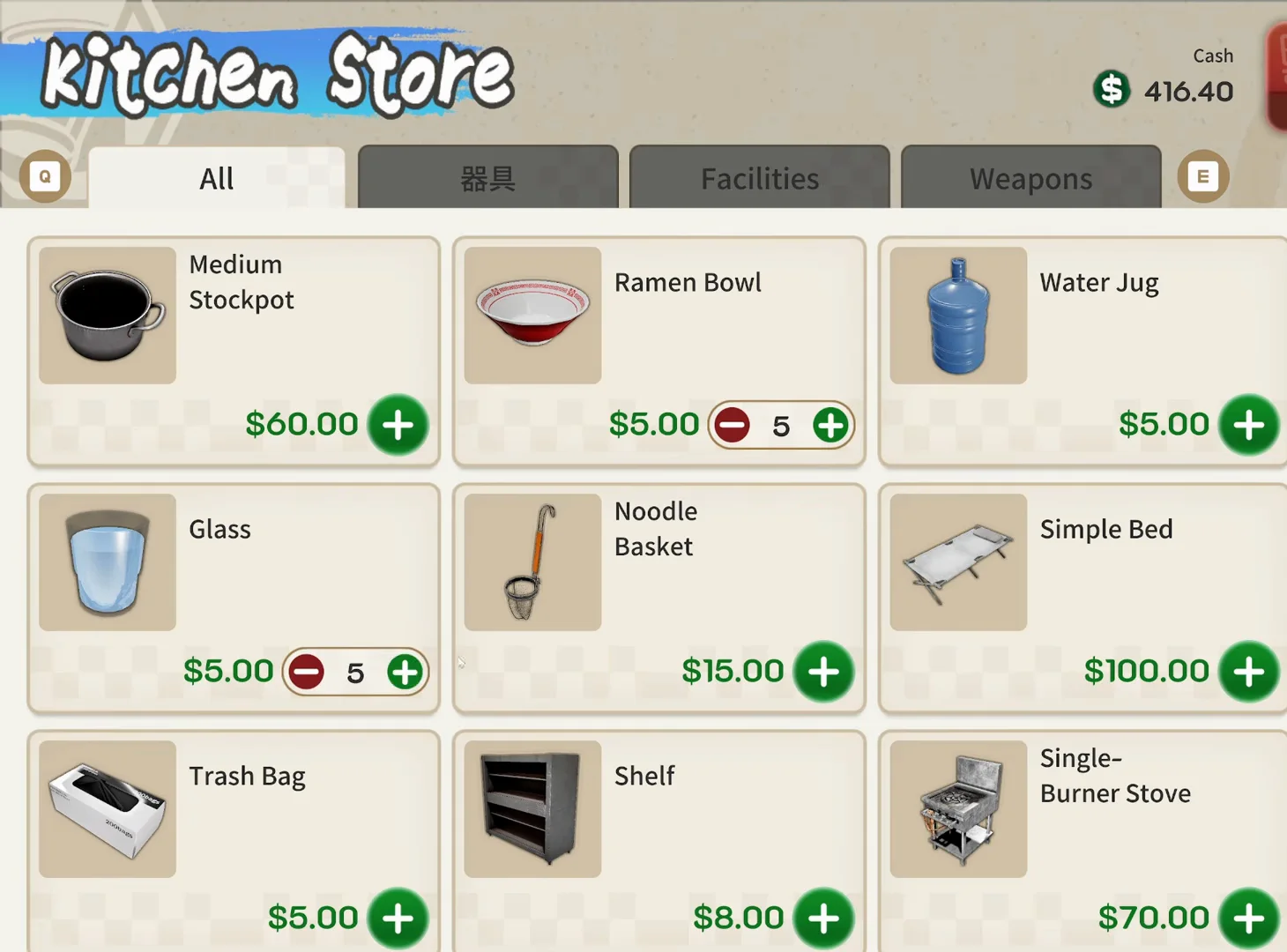 Japanese Ramen Simulator Kitchen Store All tab grid listing Medium Stockpot Ramen Bowl Water Jug Glass Noodle Basket and Simple Bed with quantity steppers and about four hundred sixteen dollars cash