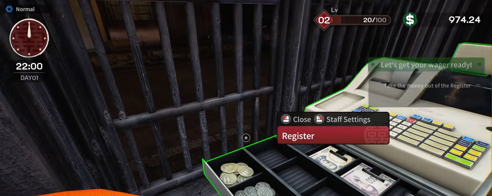 Japanese Ramen Simulator open cash register drawer with coin and bill trays and a Register interaction card listing Close and Staff Settings prompts on day 1 at 22:00