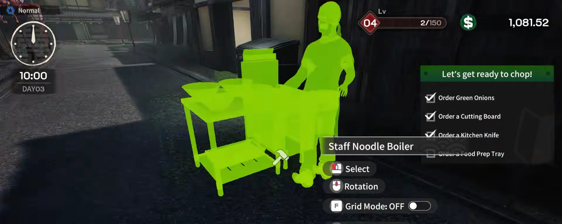 Japanese Ramen Simulator build mode green ghost preview of a Staff Noodle Boiler station with staff silhouette label and grid mode off prompt on day 3 at level 4