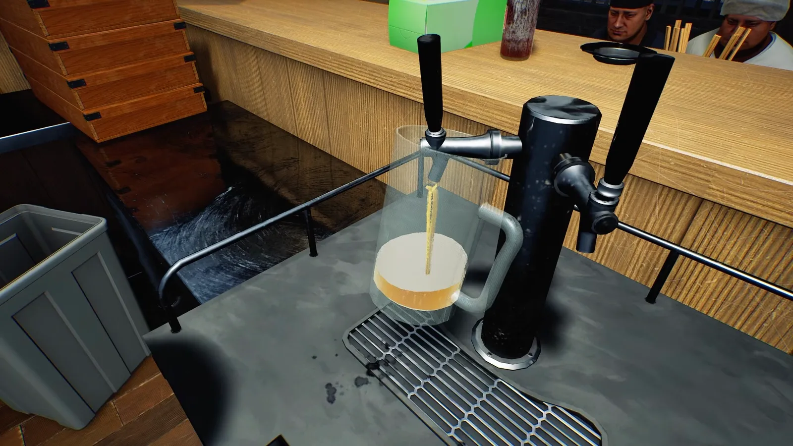 Draft beer being poured in Japanese Ramen Simulator from a black tap, a thin golden stream falling into a glass mug already mostly filled with white foam above a shallow gold layer