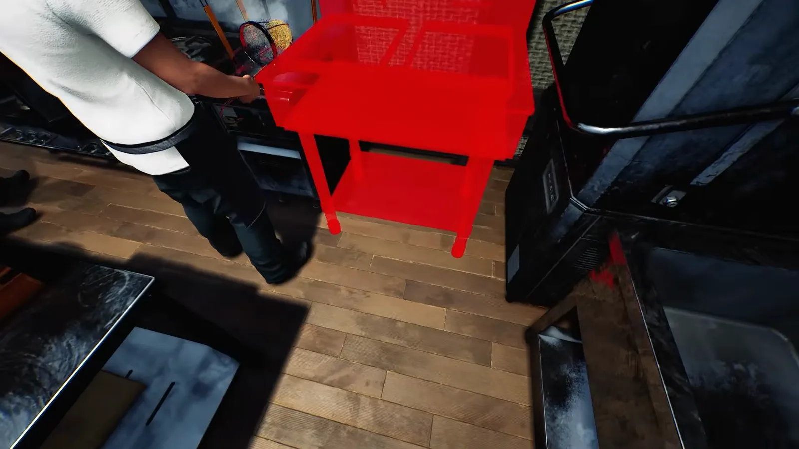 Japanese Ramen Simulator kitchen showing a two-tier service cart rendered as a translucent red placement preview over the floor while a cook in white positions it