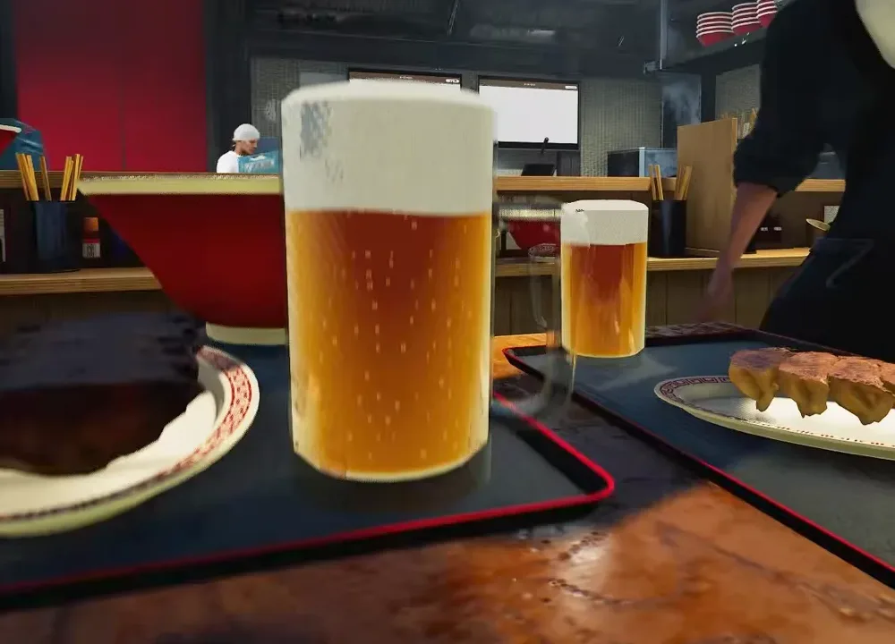 Perfect Draft Beer poured to the golden 7:3 foam ratio: two glass mugs of beer with thick heads on a tray in Japanese Ramen Simulator