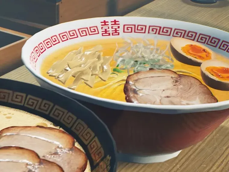 Supreme Black Garlic Tonkotsu Ramen finished bowl in Japanese Ramen Simulator: creamy pork broth with chashu, ajitama, menma and scallions