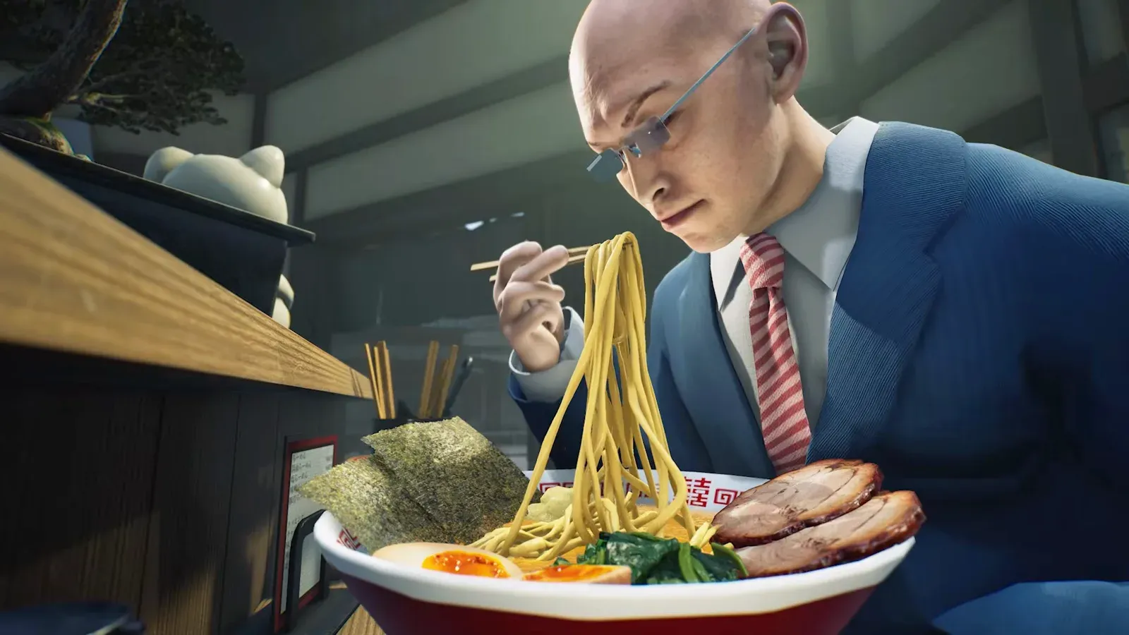 Salaryman customer lifting noodles from a Tokyo Yuzu Shio Chicken Ramen bowl at the counter in Japanese Ramen Simulator