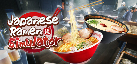 Japanese Ramen Simulator Steam header capsule showing a steaming ramen bowl lifted by chopsticks in a busy kitchen